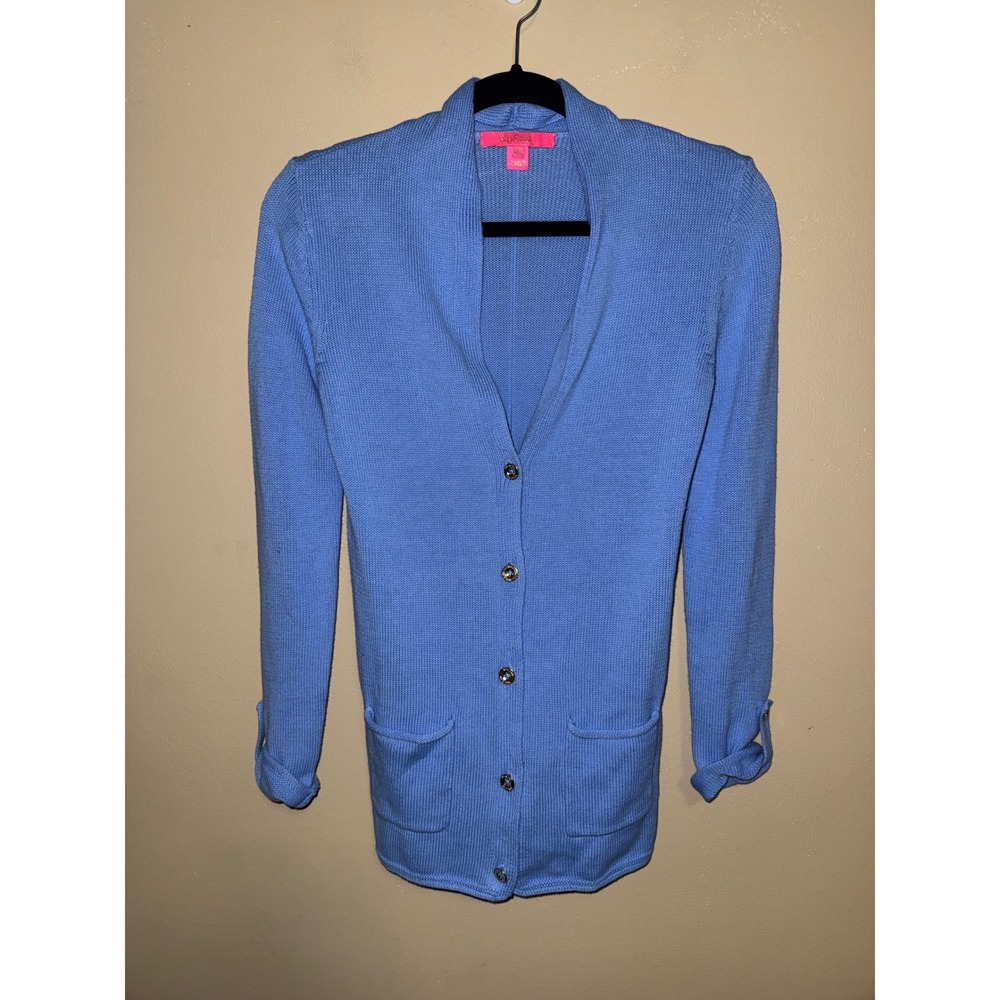 Lilly Pulitzer Periwinkle Blue oversized Button Front Cardigan XXS Pocket Office